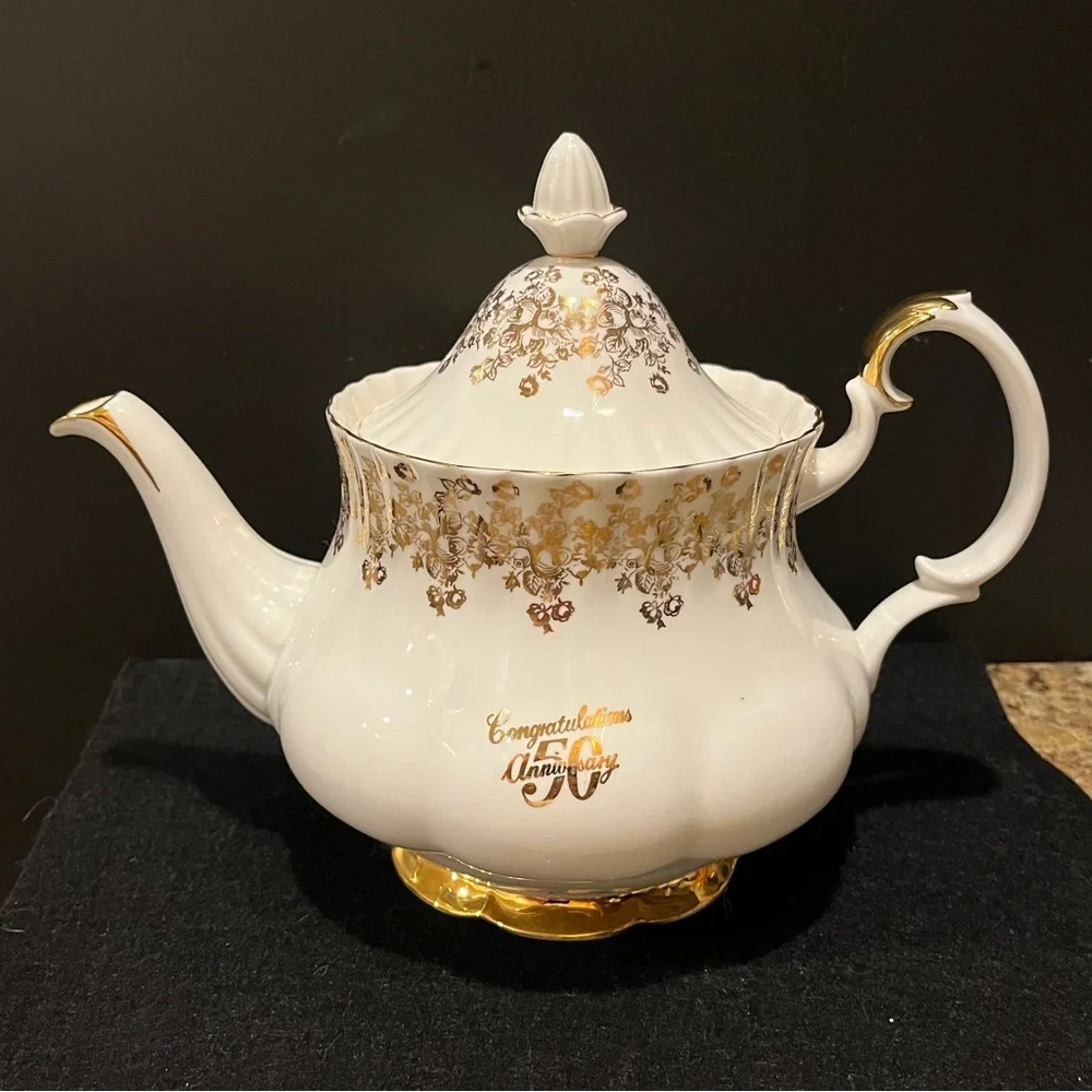 Vintage Royal Albert 50th Anniversary Elegant White and Gold Teapot, England